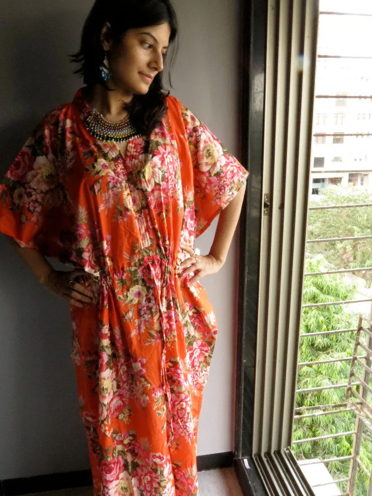 Orange Floral Rosy Red Posy V-Neck Button Down to Waist, Ankle Length, Cinched Waist Caftan-A3fabric Code