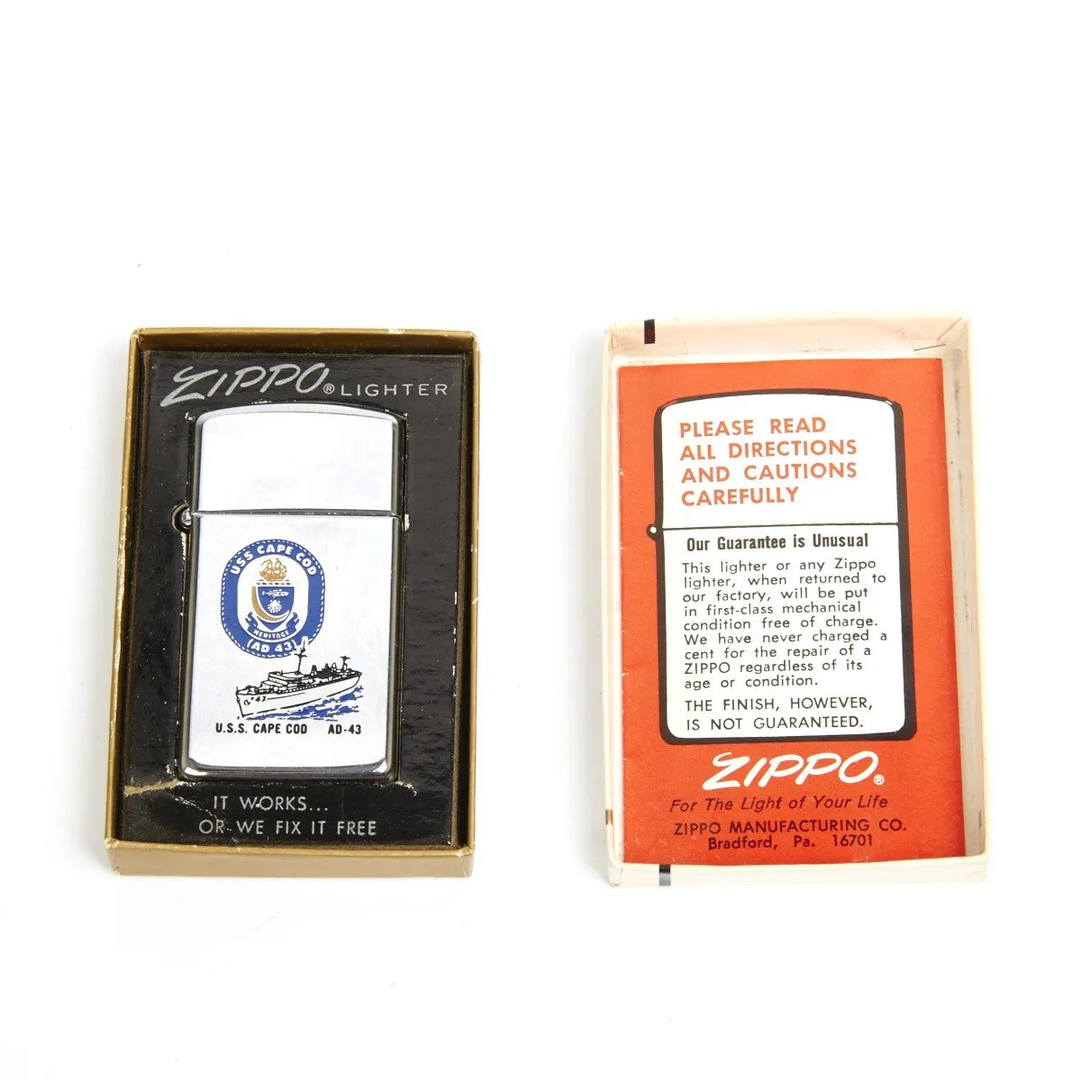 Original Cold War Zippo Lighter of the U.S.S Cape Code AD-43 with original Box