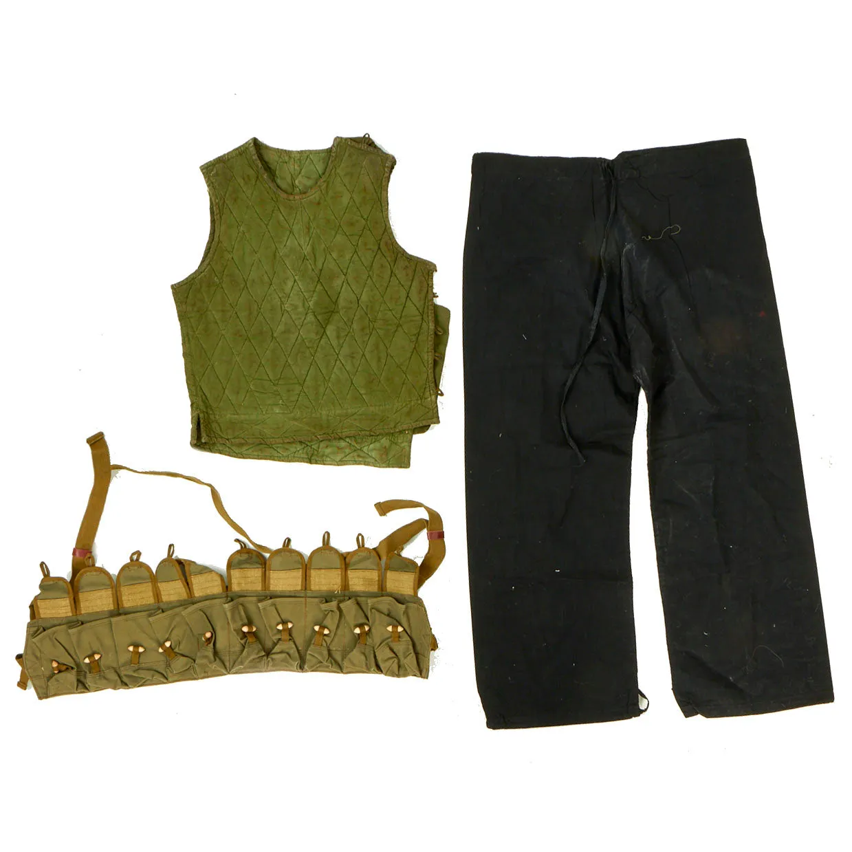 Original U.S. Vietnam War North Vietnamese Army / VietCong Hanoi Made Sleeveless Warming Vest With “Black Pajama” Pants Bringback Lot With Chest Rig - 3 Items