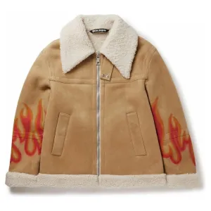 Palm Angels Flame Accented Suede Shearling Jacket