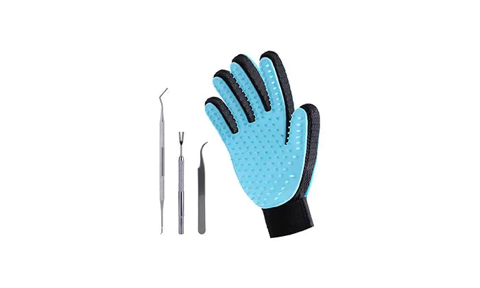 Pets Grooming Glove - Tick Remover Tool Set with Stainless Steel Tweezers