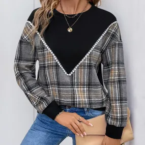 Plaid Contrast Patchwork Fall Sweatshirt