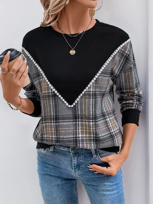 Plaid Contrast Patchwork Fall Sweatshirt