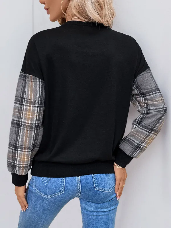 Plaid Contrast Patchwork Fall Sweatshirt