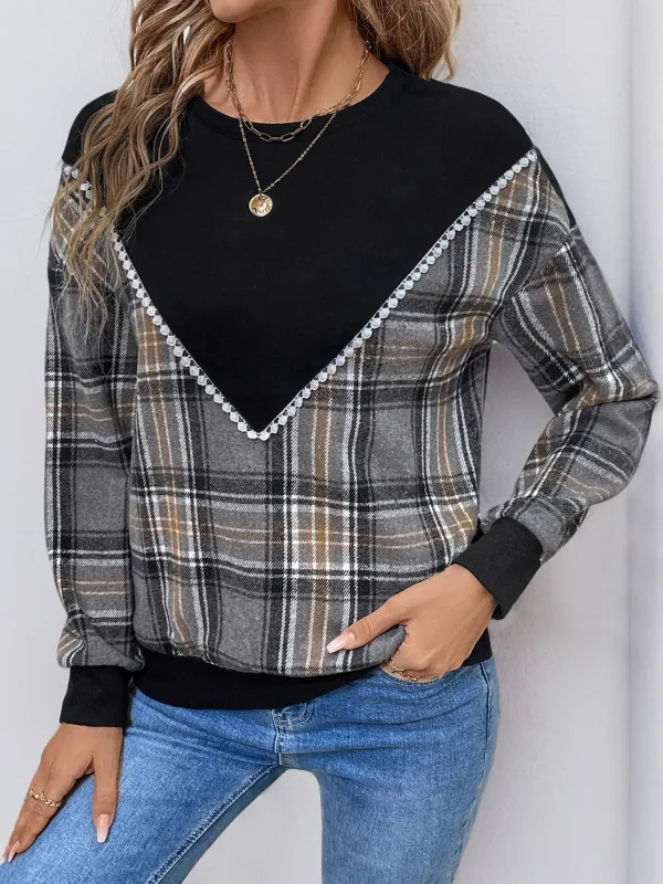 Plaid Contrast Patchwork Fall Sweatshirt