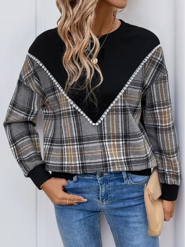 Plaid Contrast Patchwork Fall Sweatshirt