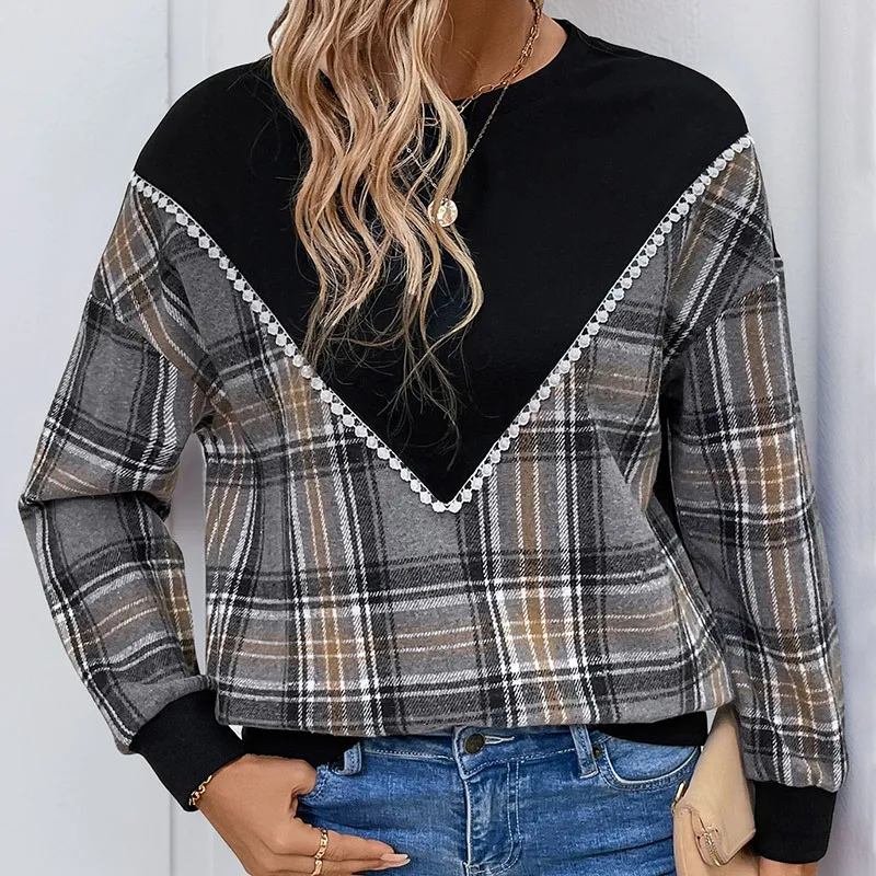 Plaid Contrast Patchwork Fall Sweatshirt