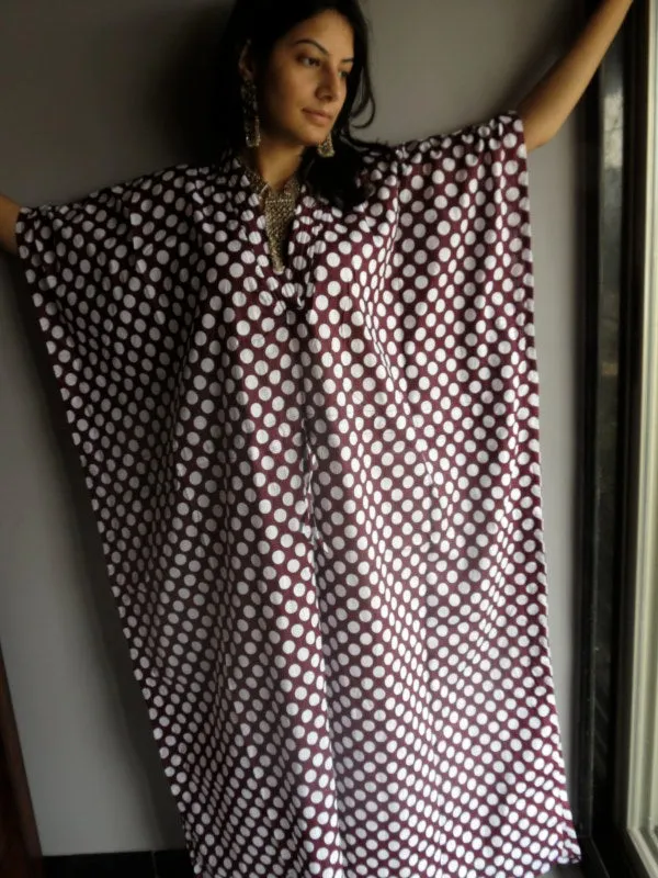 Plum Polka Dots V-Neck, Ankle Length, Cinched Waist Caftan