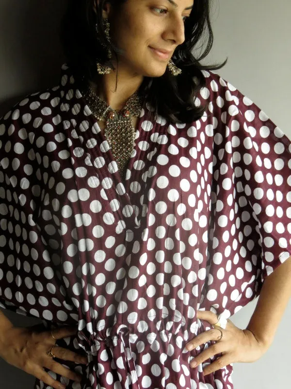 Plum Polka Dots V-Neck, Ankle Length, Cinched Waist Caftan