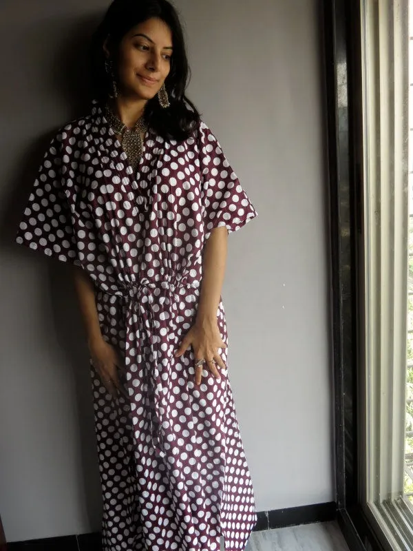 Plum Polka Dots V-Neck, Ankle Length, Cinched Waist Caftan