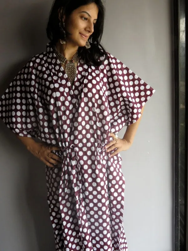 Plum Polka Dots V-Neck, Ankle Length, Cinched Waist Caftan