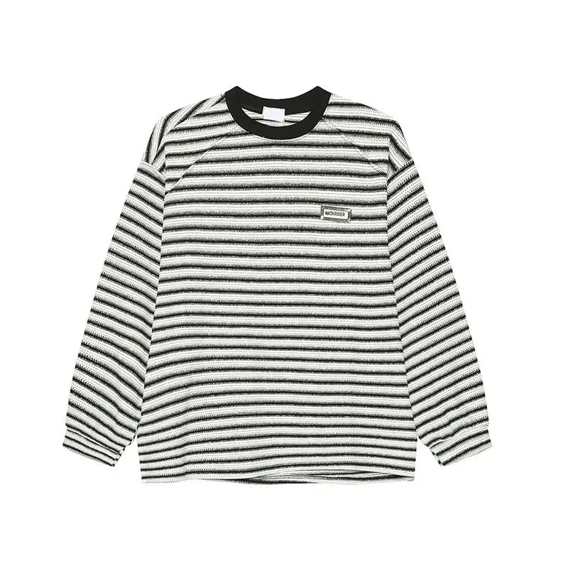 Pullover T-shirt Long Sleeved Top Korean Style Stripe Round Collar Casual Men's Clothing Summer Trend 9C5178