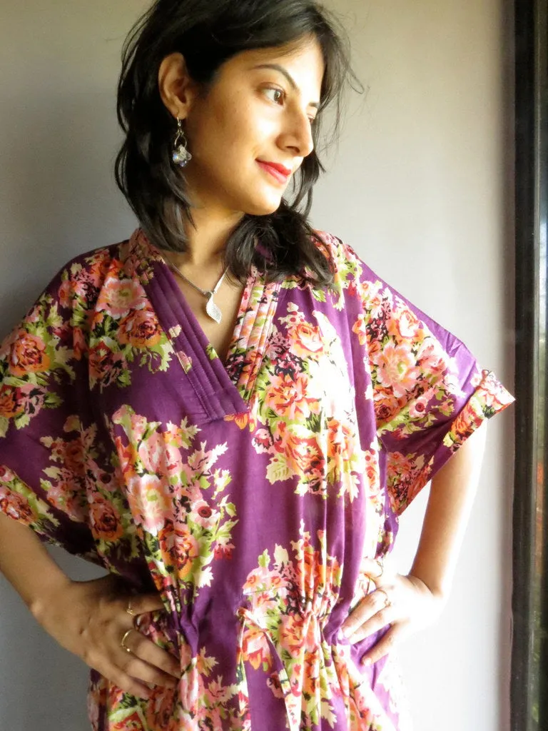 Purple Floral Posy V-Neck, Ankle Length, Cinched Waist Caftan