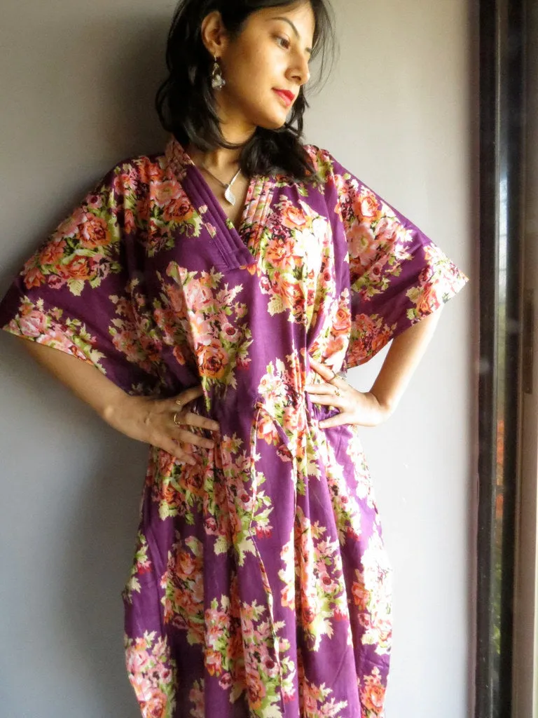 Purple Floral Posy V-Neck, Ankle Length, Cinched Waist Caftan