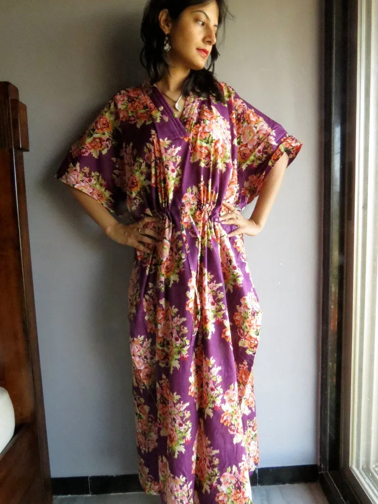 Purple Floral Posy V-Neck, Ankle Length, Cinched Waist Caftan