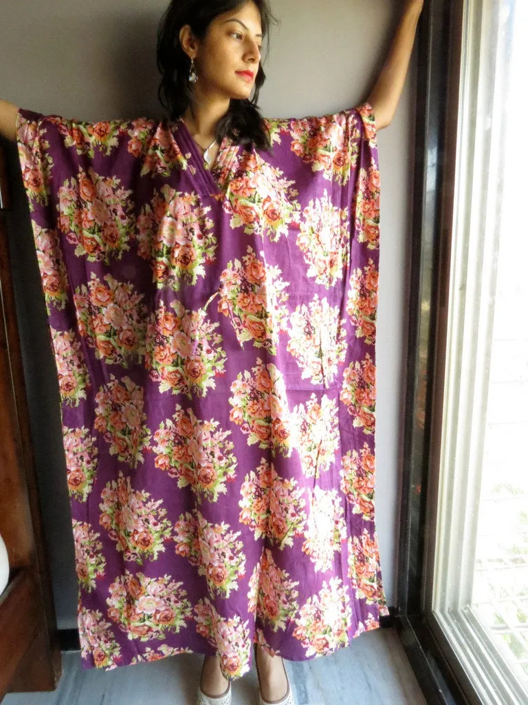 Purple Floral Posy V-Neck, Ankle Length, Cinched Waist Caftan