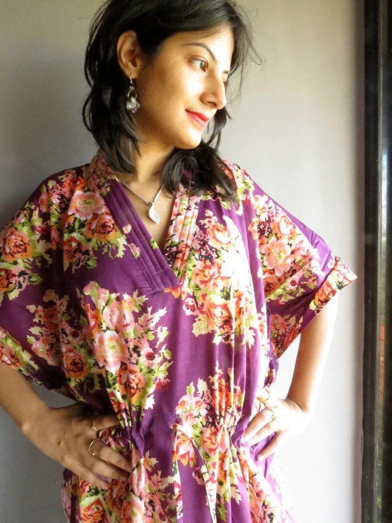 Purple Floral Posy V-Neck, Ankle Length, Cinched Waist Caftan