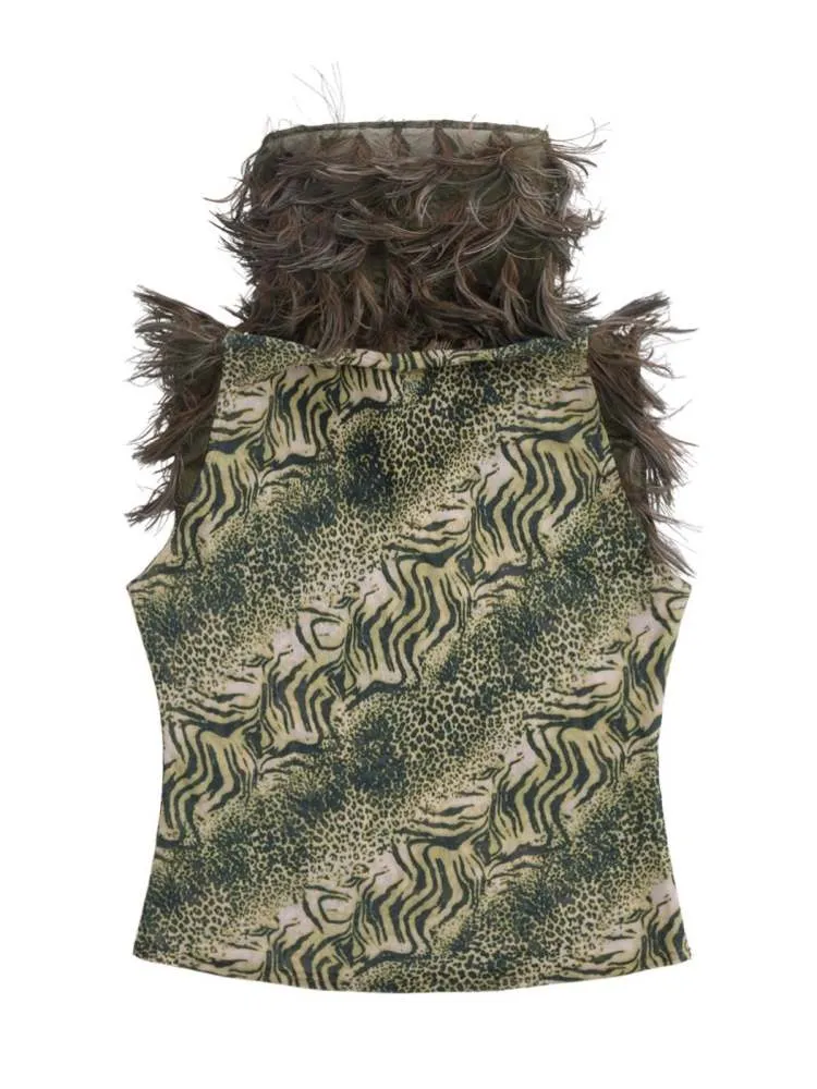 "Back to the Jungle" Leopard Print Fur Collar Tank Top【s0000008572】