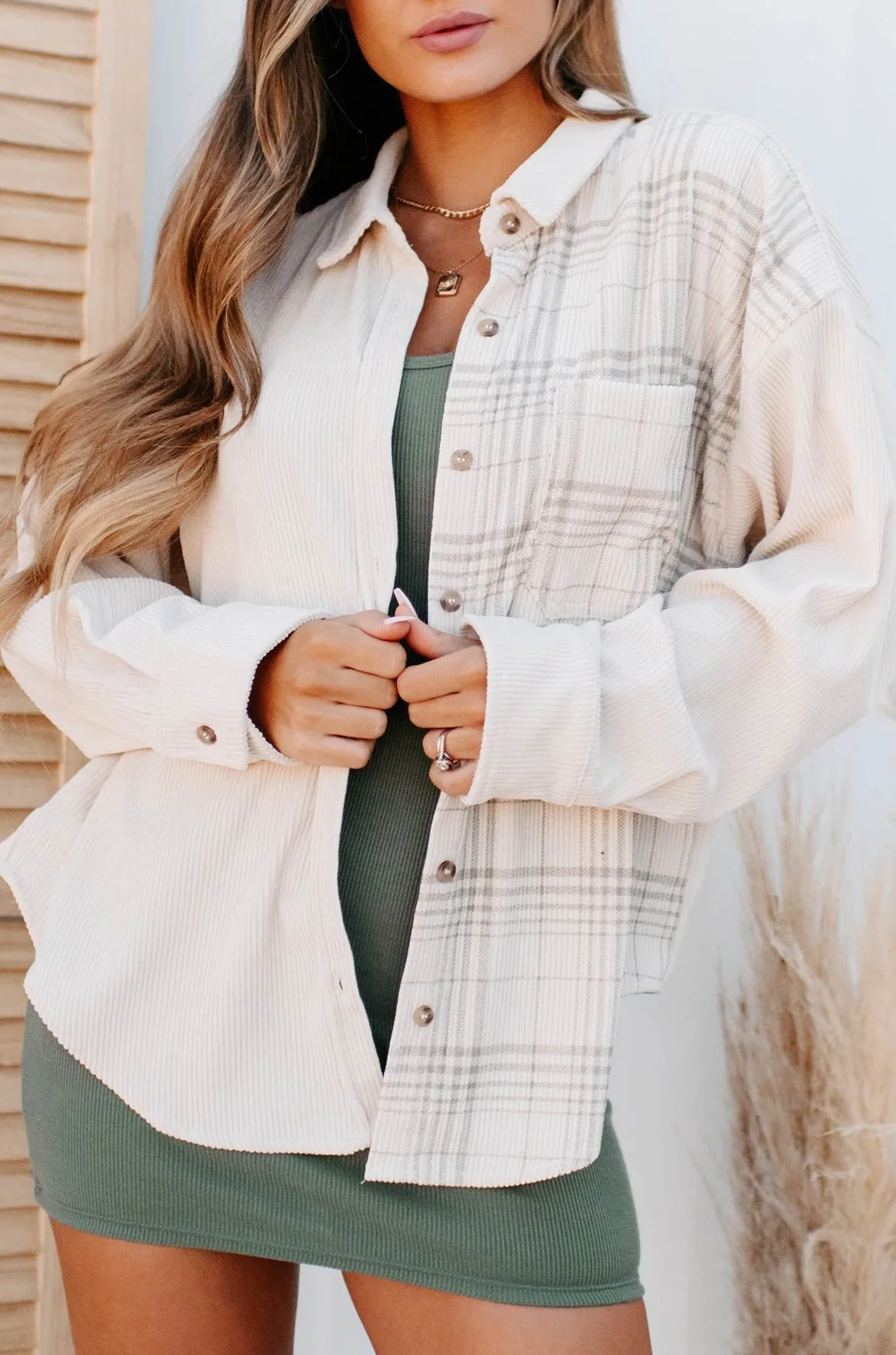 "Let Me Be Plaid" Plaid Contrast Oversized Corduroy Shirt (Sand Combo)