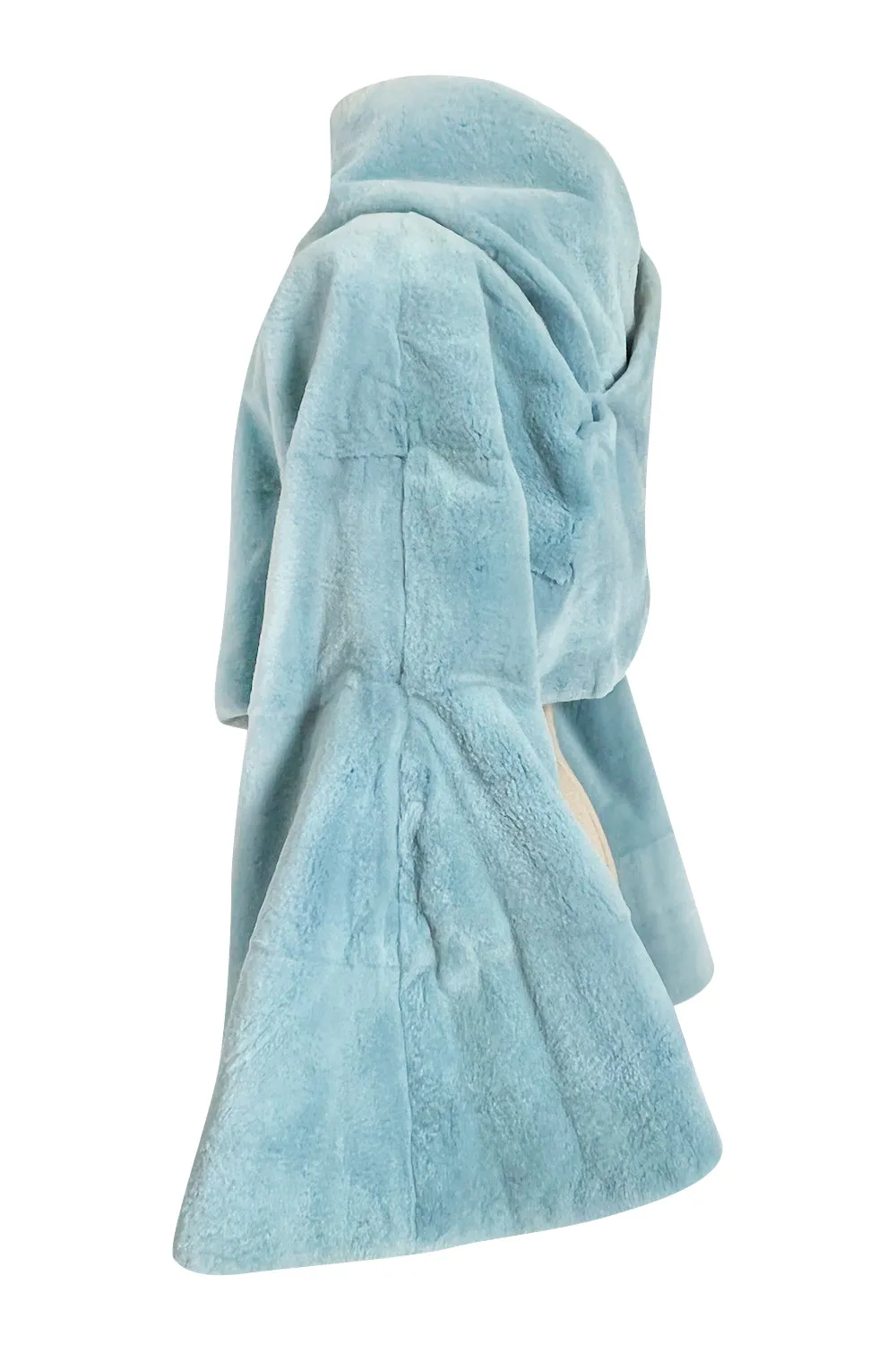 Rare Fall 1989 Claude Montana Runway Baby Blue Sheared Fur Jacket w Dramatic Wrap Front