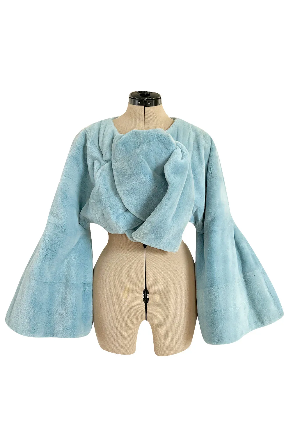 Rare Fall 1989 Claude Montana Runway Baby Blue Sheared Fur Jacket w Dramatic Wrap Front