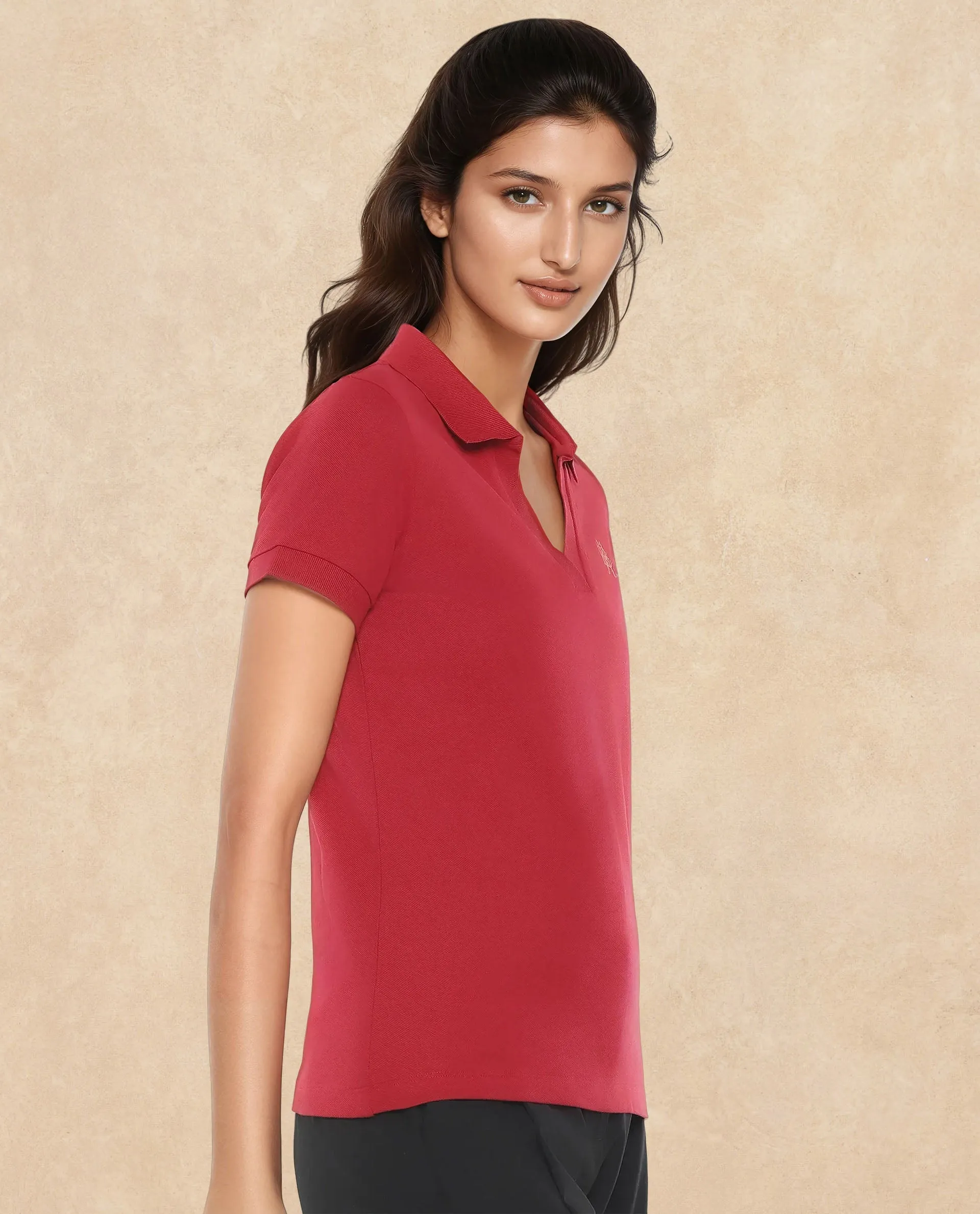 Rareism Women Van Red Cotton Lycra Fabric Short Sleeve Polo Collar Plain Polo