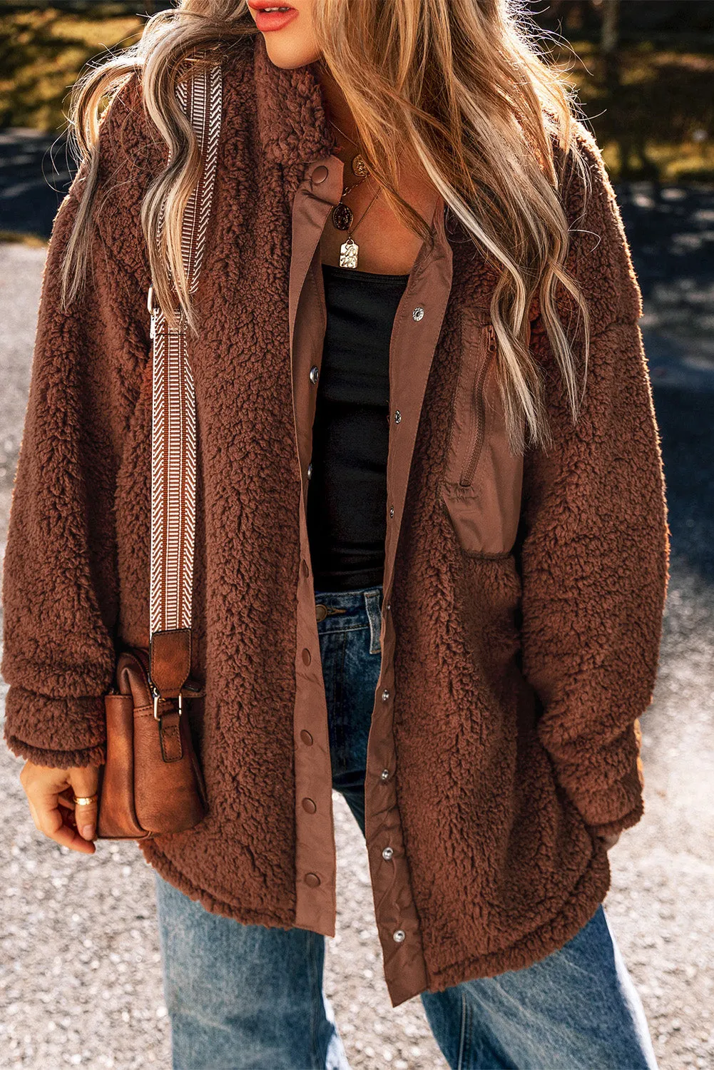 Red Clay Faux Shearling Button Up Jacket