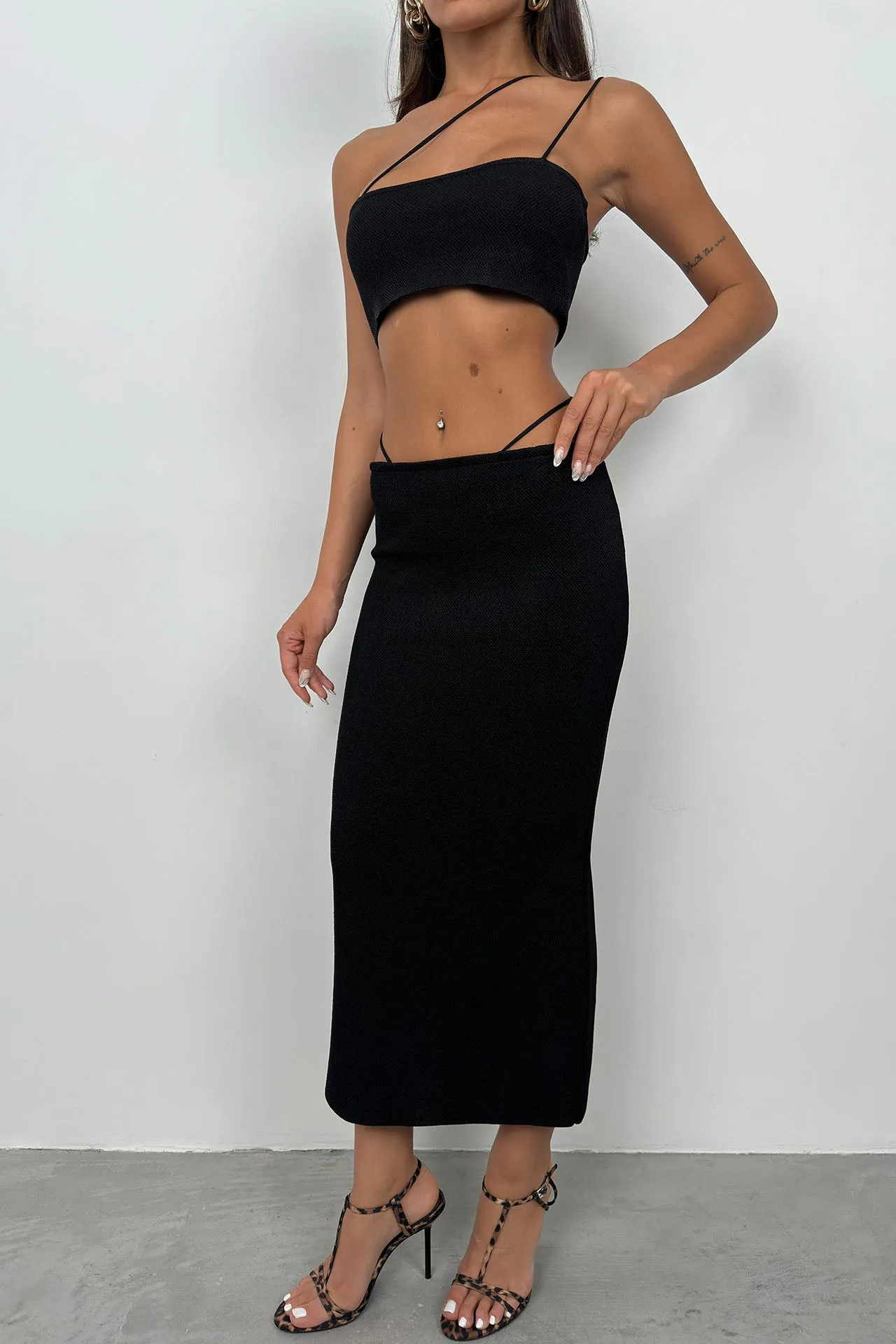 Rope Detail Textured Maxi Skirt