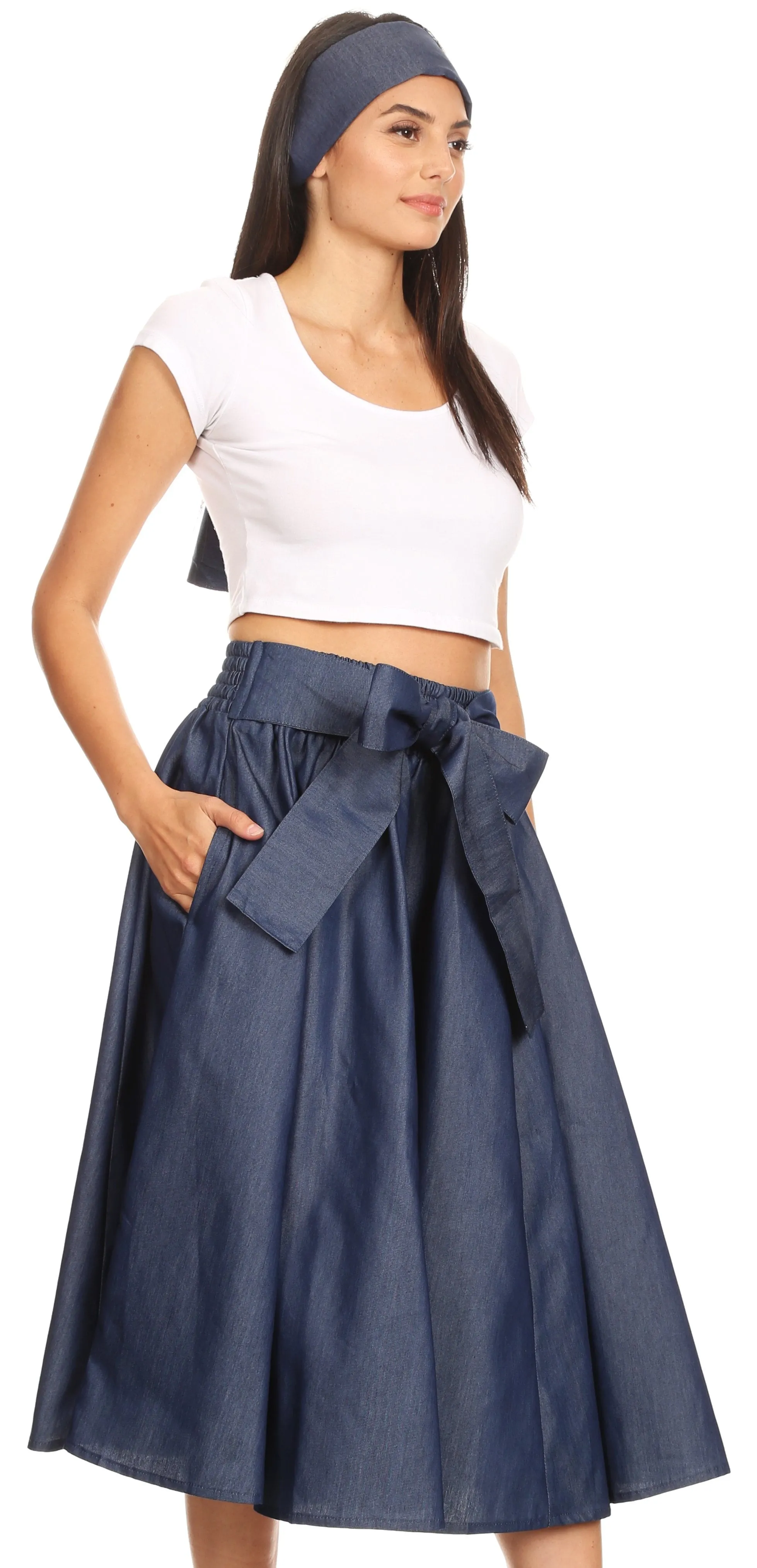 Sakkas Atieno Flared Circle Chambray  Boho Mid Skirt with Elastic Waist