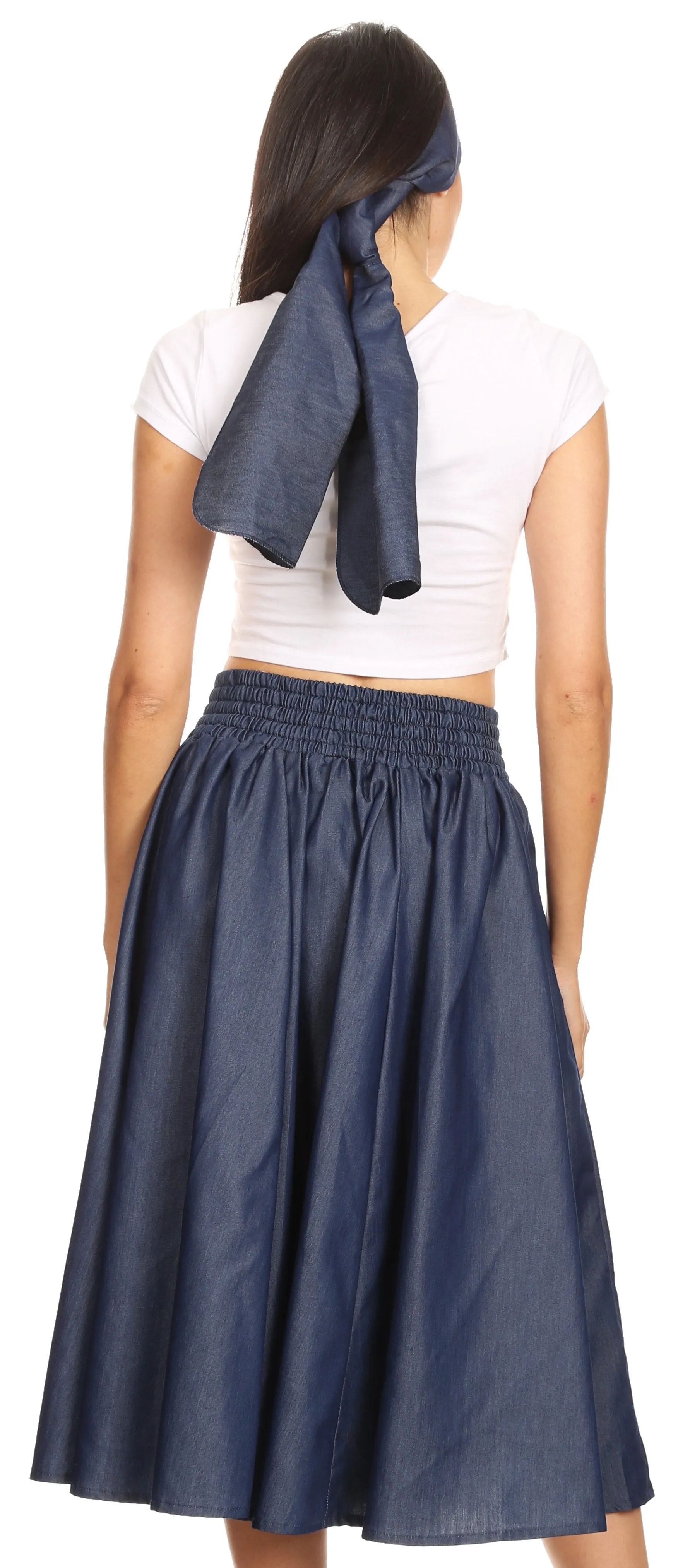 Sakkas Atieno Flared Circle Chambray  Boho Mid Skirt with Elastic Waist