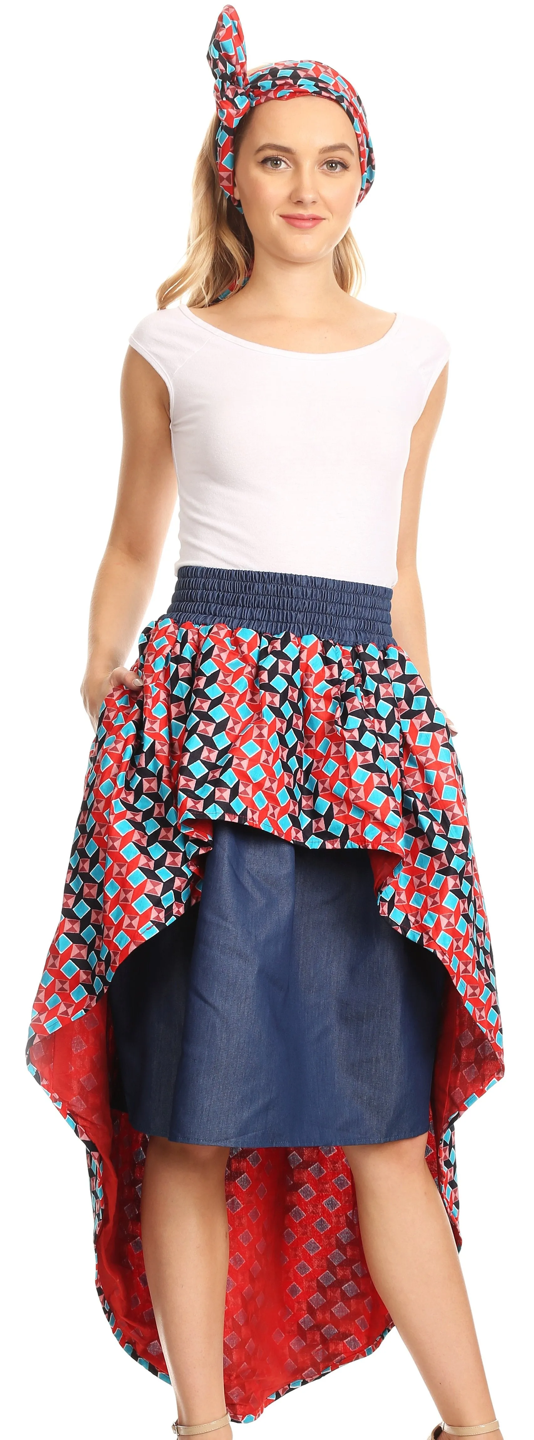 Sakkas Bahati Hi Low Mermaid African Ankara Dutch Wax Cotton Skirt Colorful