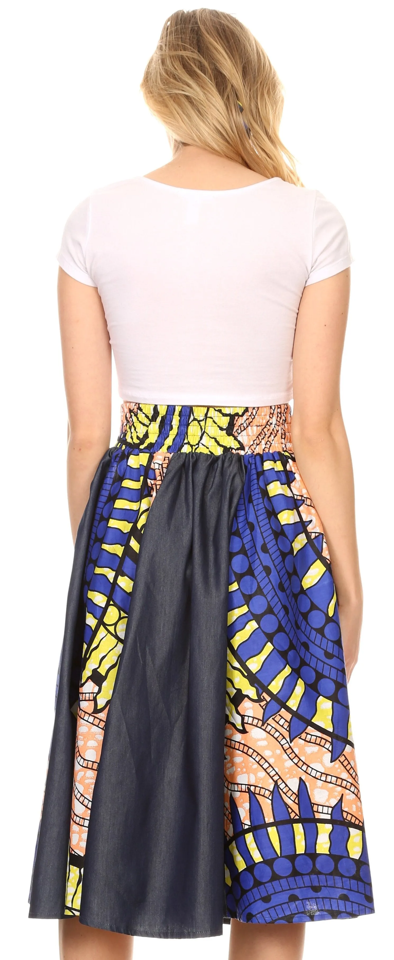 Sakkas Dayo Circle Mid Skirt with Elastic Waist Colorful Ankara African Wax Dutch