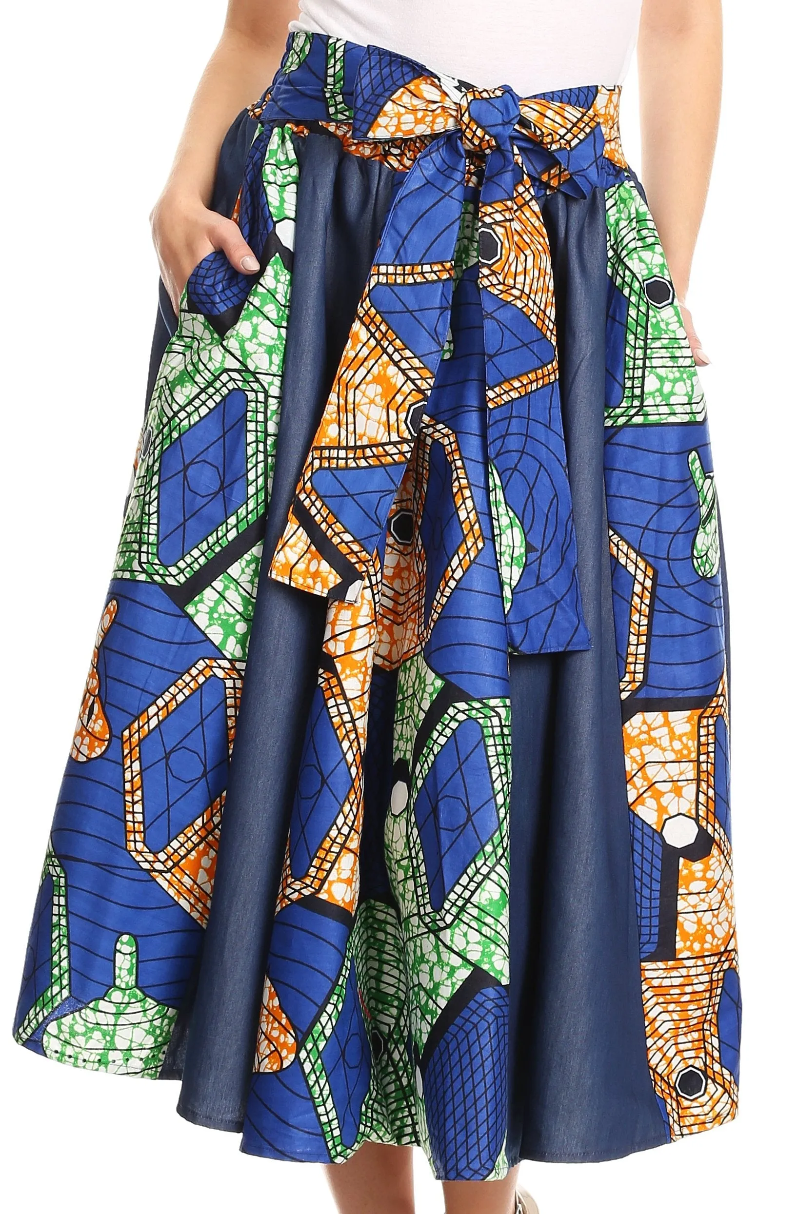 Sakkas Dayo Circle Mid Skirt with Elastic Waist Colorful Ankara African Wax Dutch