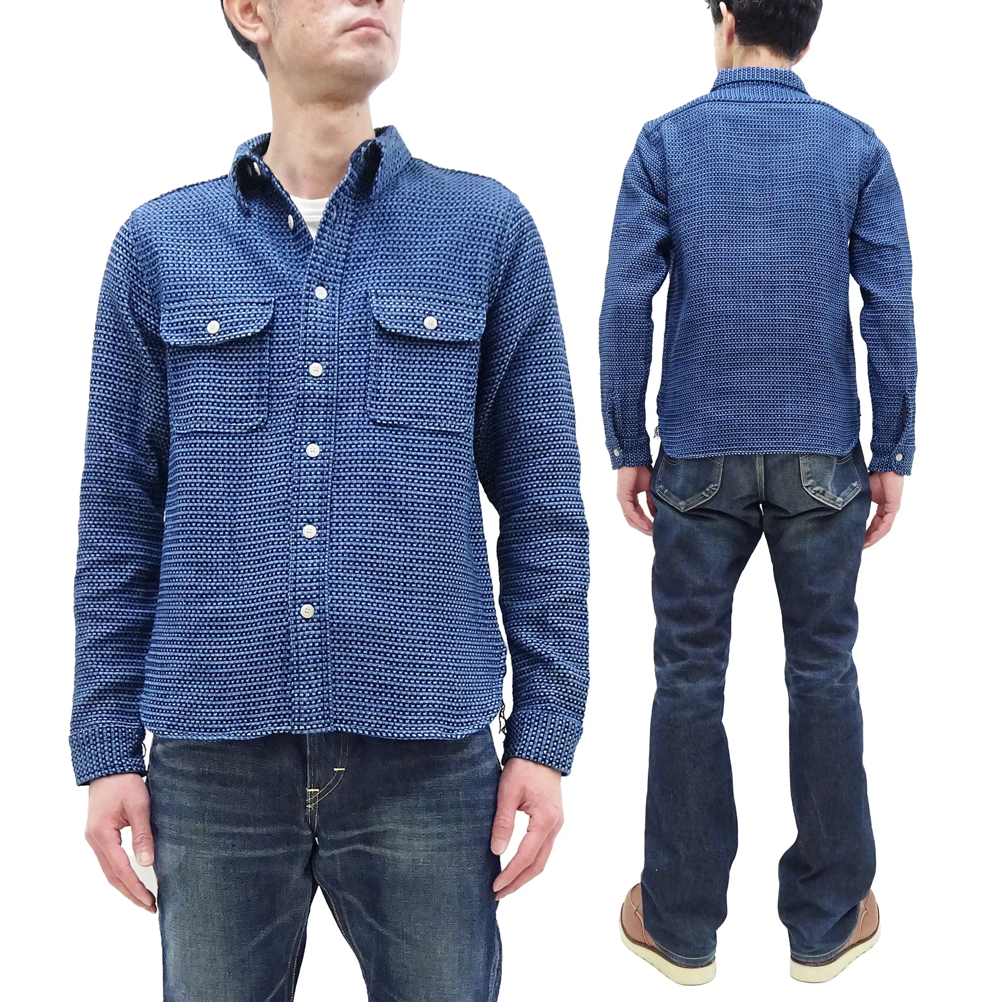 Samurai Jeans Indigo Dobby Shirt Men's Heavyweight Oxford Long Sleeve Button Up Work Shirt SSS24-01