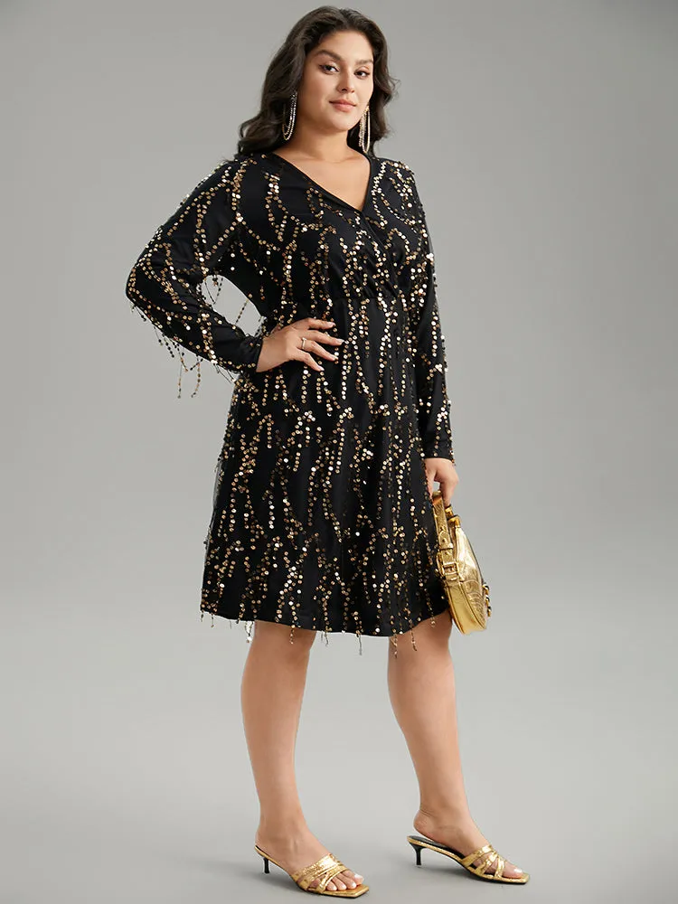 Sequin Overlap Collar Elastic Waist Dress