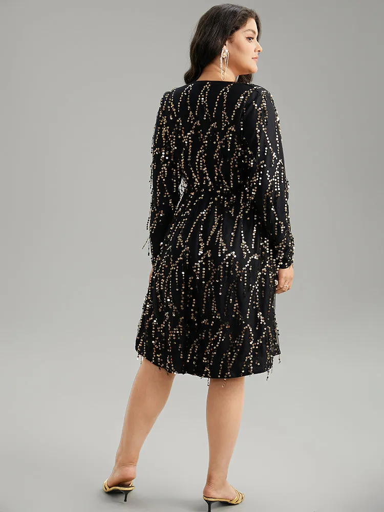 Sequin Overlap Collar Elastic Waist Dress