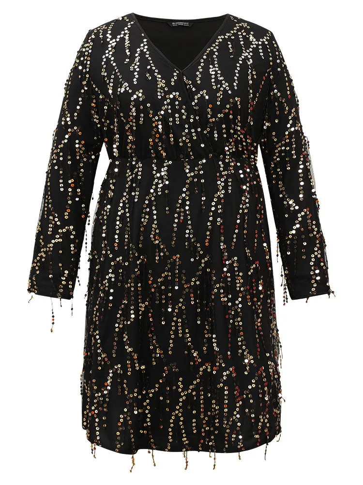 Sequin Overlap Collar Elastic Waist Dress