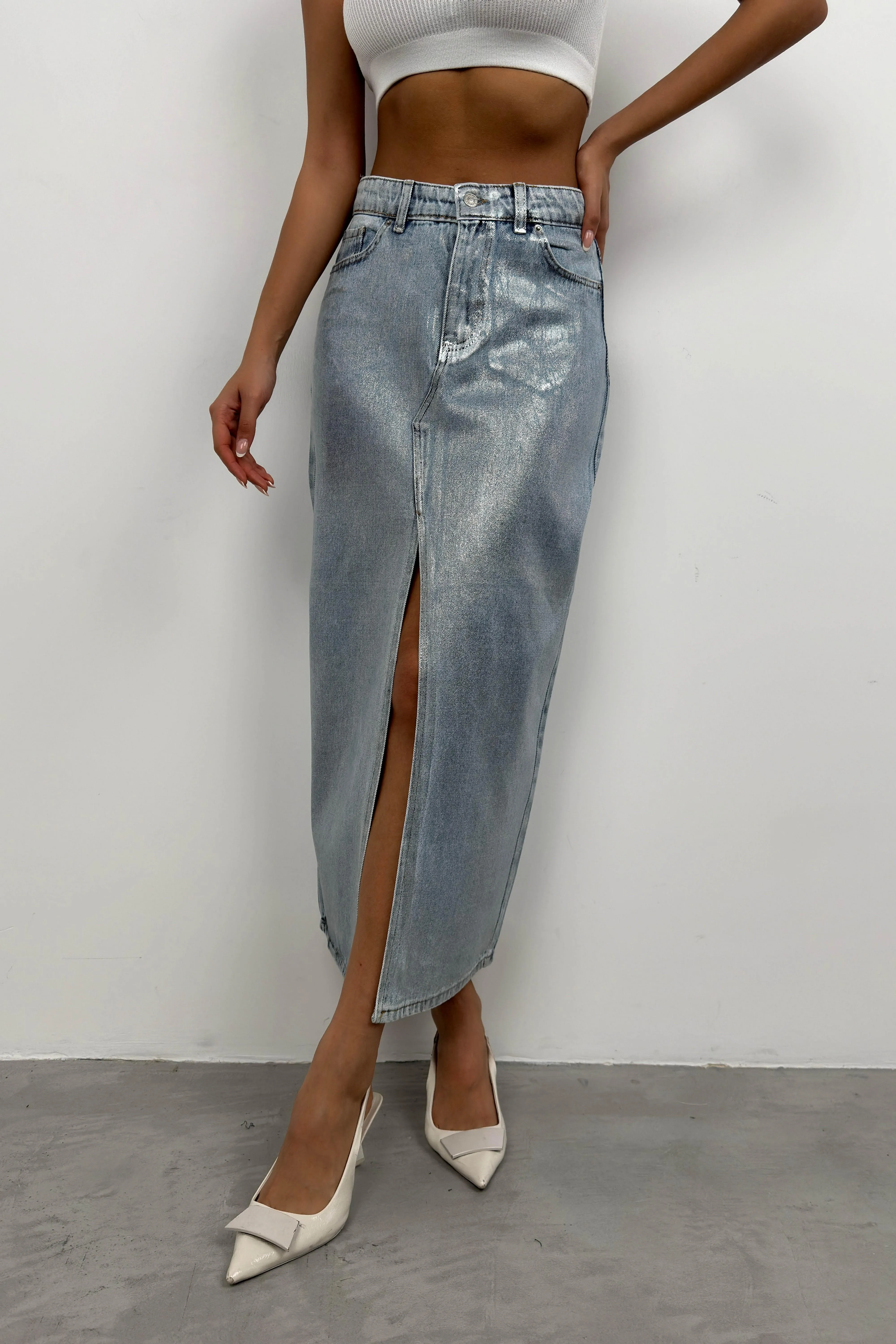 Shiny Maxi Denim Skirt With Slit