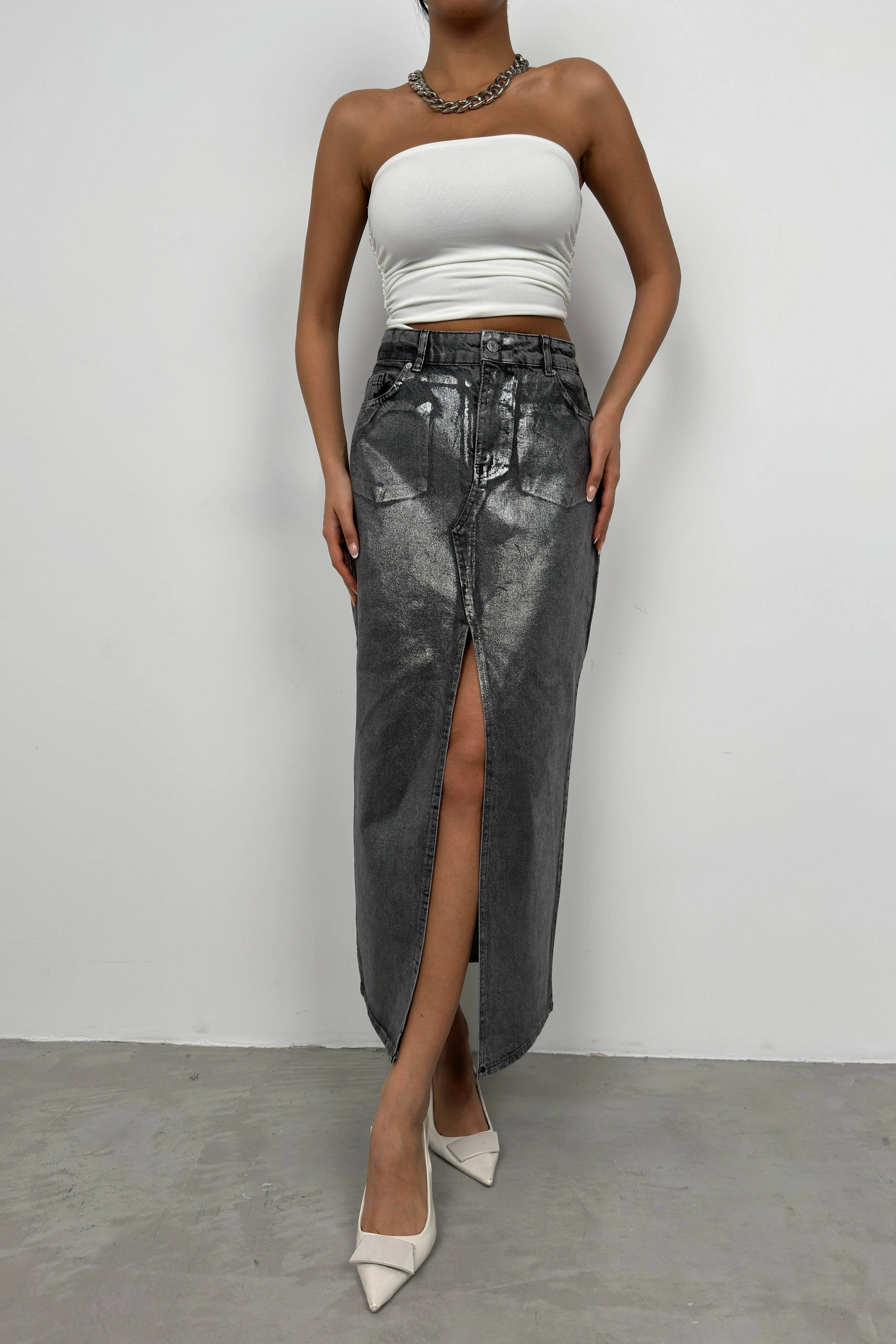 Shiny Maxi Denim Skirt With Slit