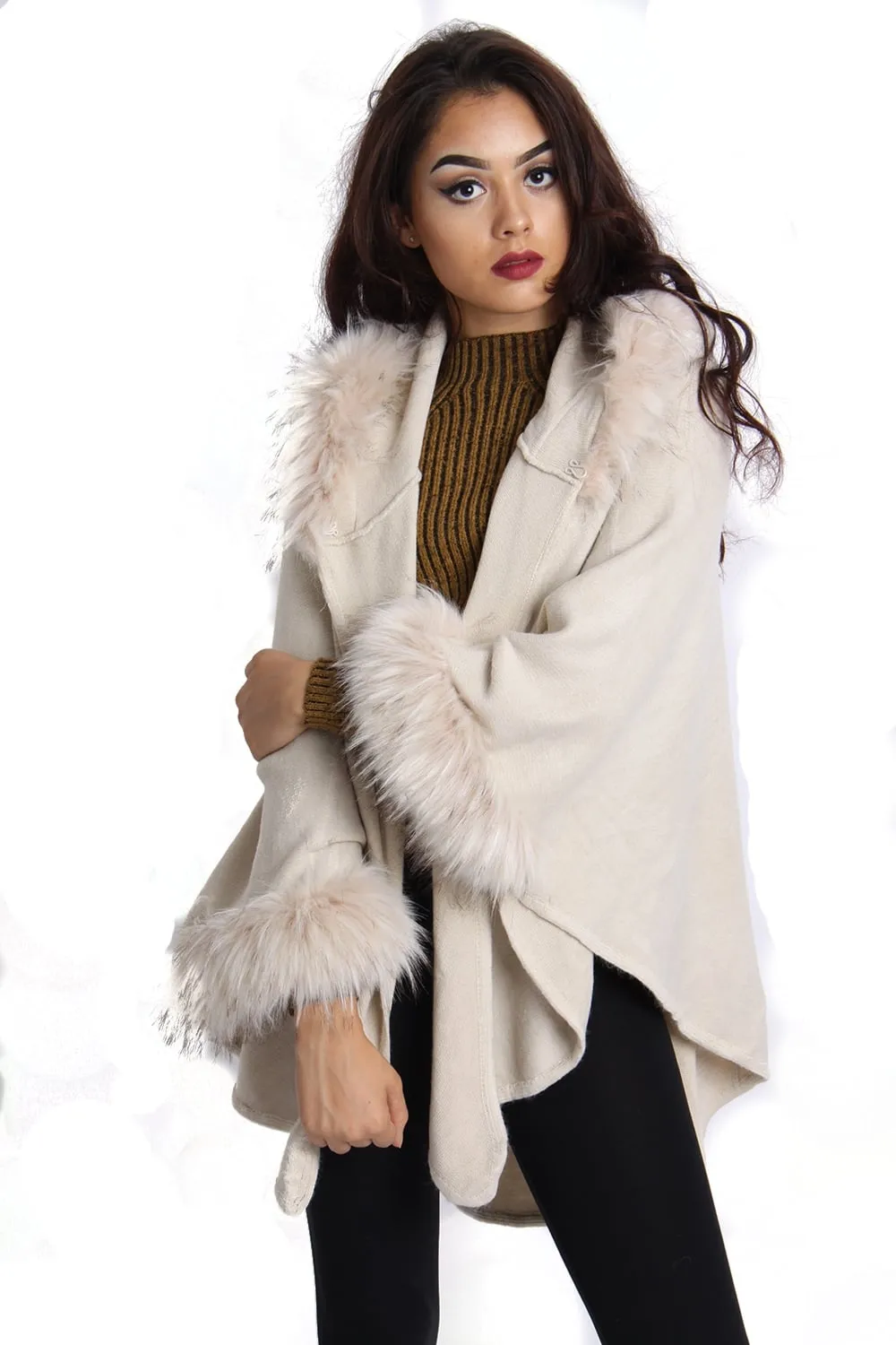 Short Faux Fur Cape With Sleeves