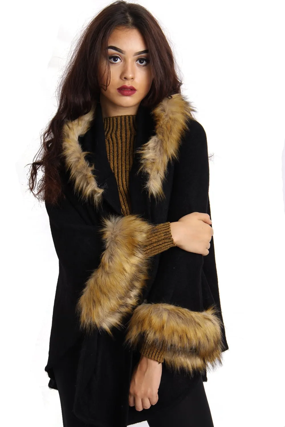 Short Faux Fur Cape With Sleeves