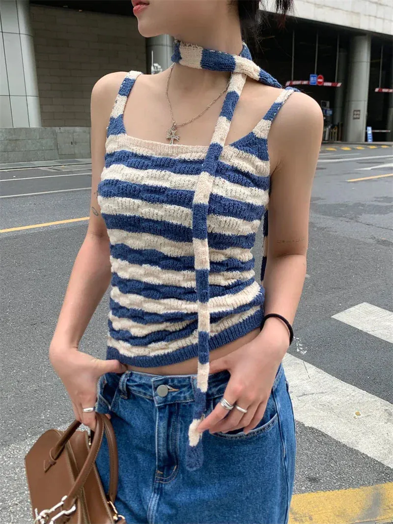 Sleeveless Korean Sweet Fashion Retro Square Collar Benuynffy Cami Summer Striped Halter Crop Knit Short Top