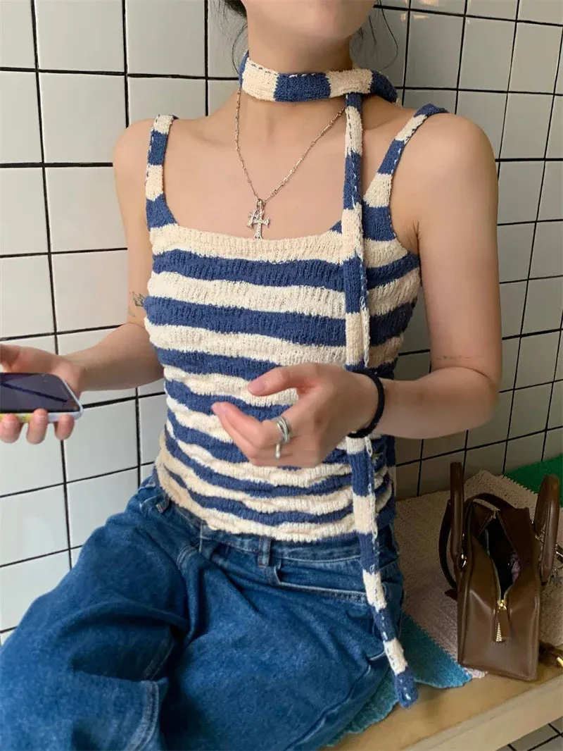 Sleeveless Korean Sweet Fashion Retro Square Collar Benuynffy Cami Summer Striped Halter Crop Knit Short Top