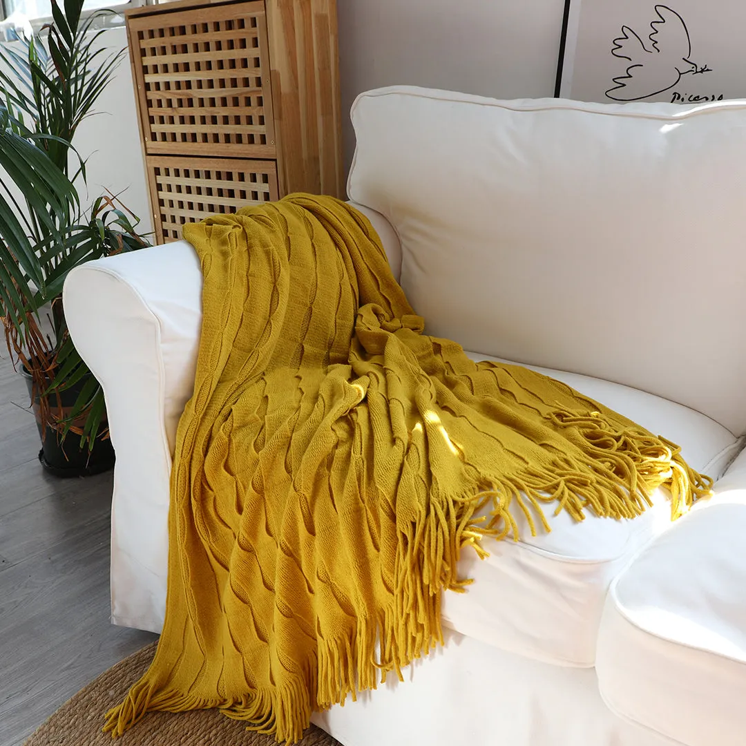 SOGA Mustard Textured Knitted Throw Blanket Warm Cozy Woven Cover Couch Bed Sofa Home Decor with Tassels