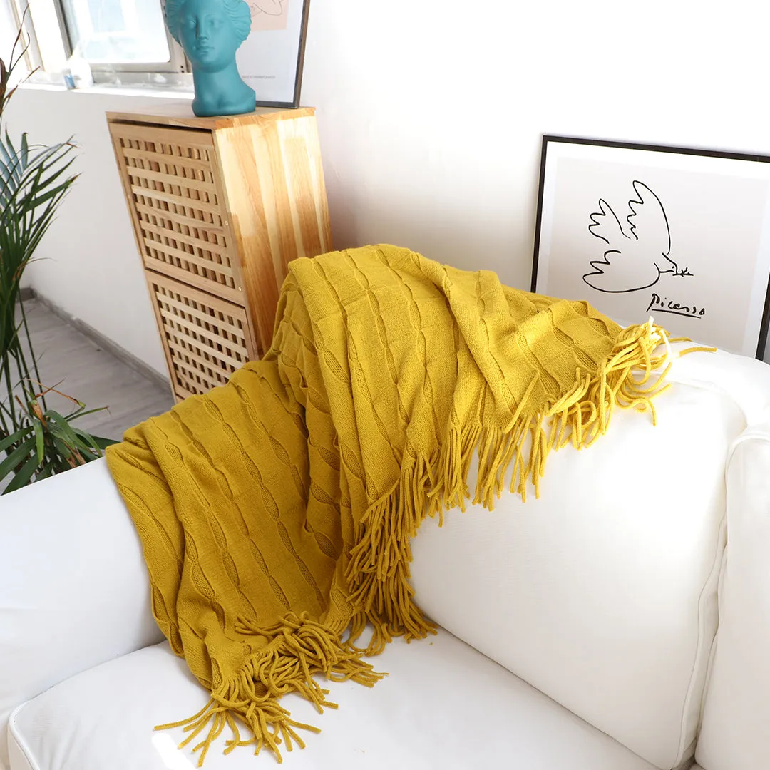 SOGA Mustard Textured Knitted Throw Blanket Warm Cozy Woven Cover Couch Bed Sofa Home Decor with Tassels