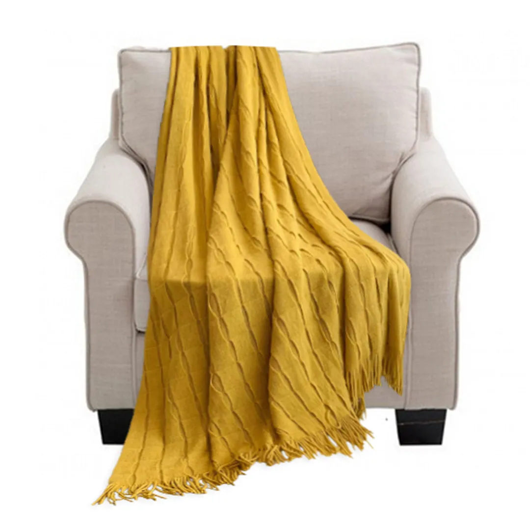 SOGA Mustard Textured Knitted Throw Blanket Warm Cozy Woven Cover Couch Bed Sofa Home Decor with Tassels