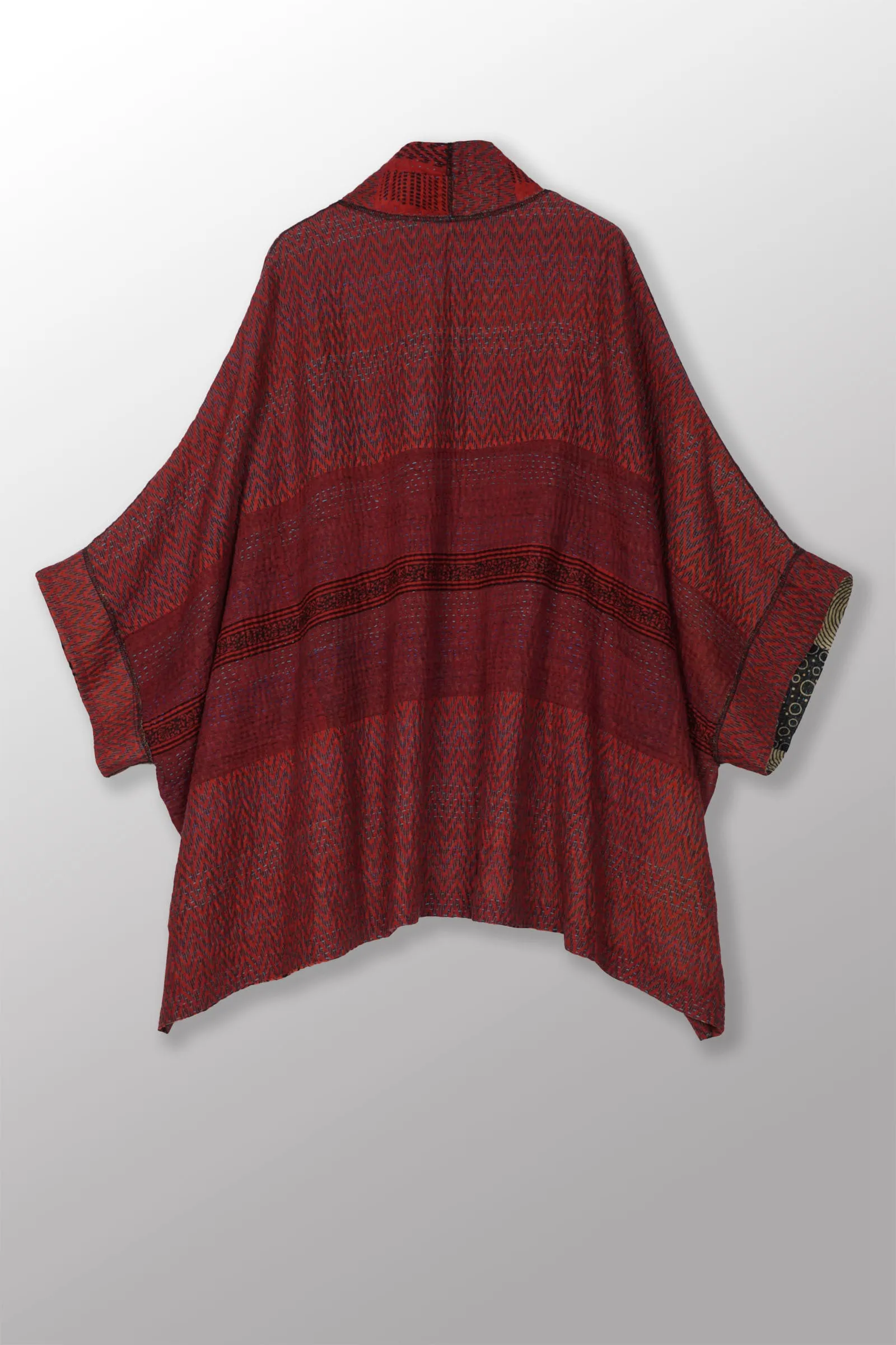 SOHO BAMBOO KANTHA DOUBLE COLLAR PONCHO J - bo4333-red -