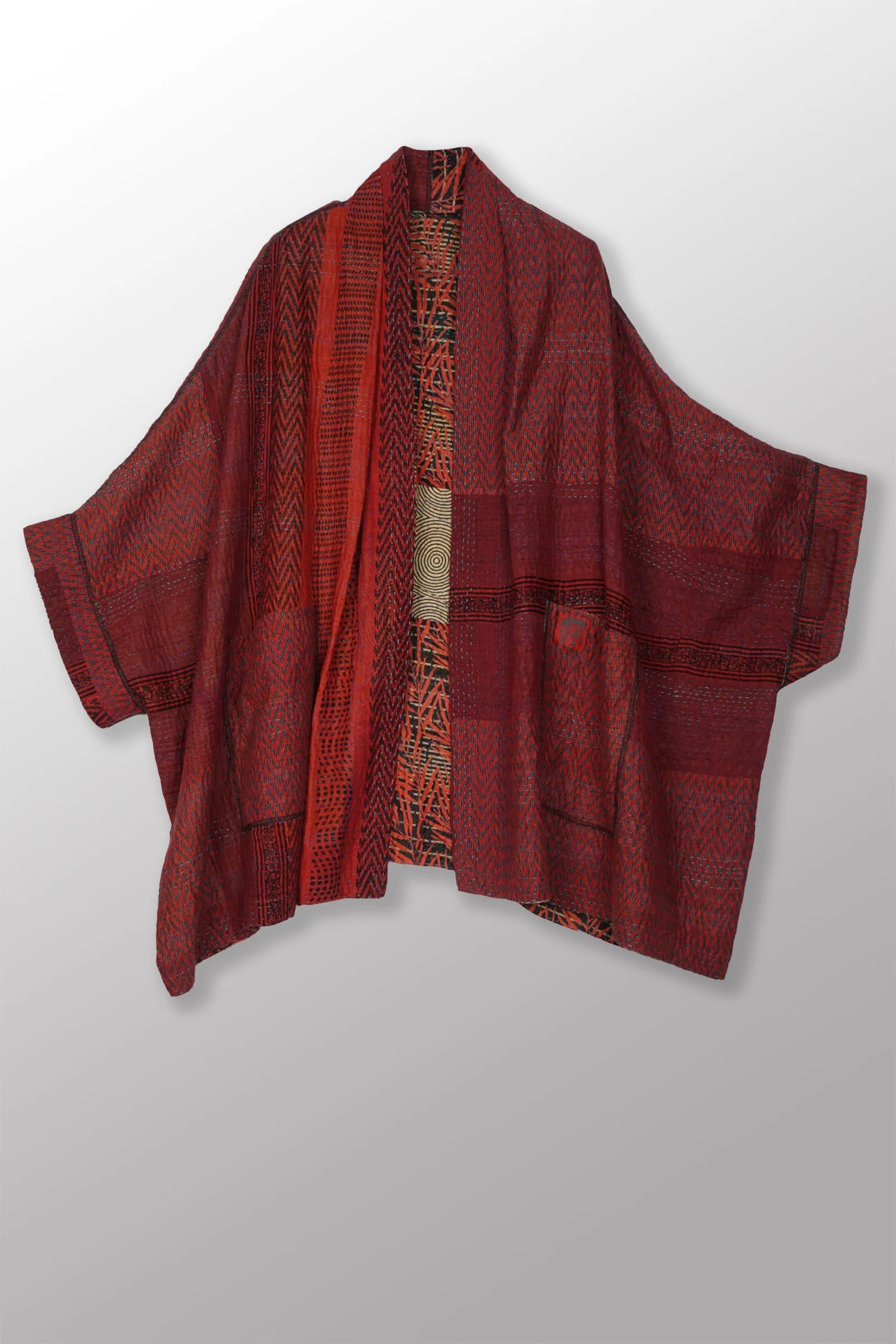 SOHO BAMBOO KANTHA DOUBLE COLLAR PONCHO J - bo4333-red -