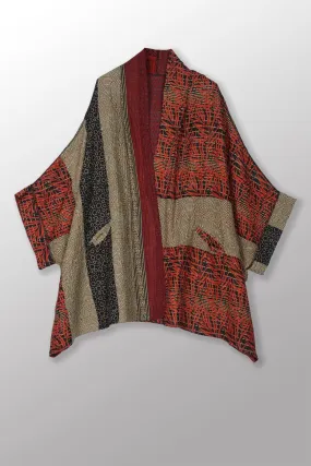 SOHO BAMBOO KANTHA DOUBLE COLLAR PONCHO J - bo4333-red -