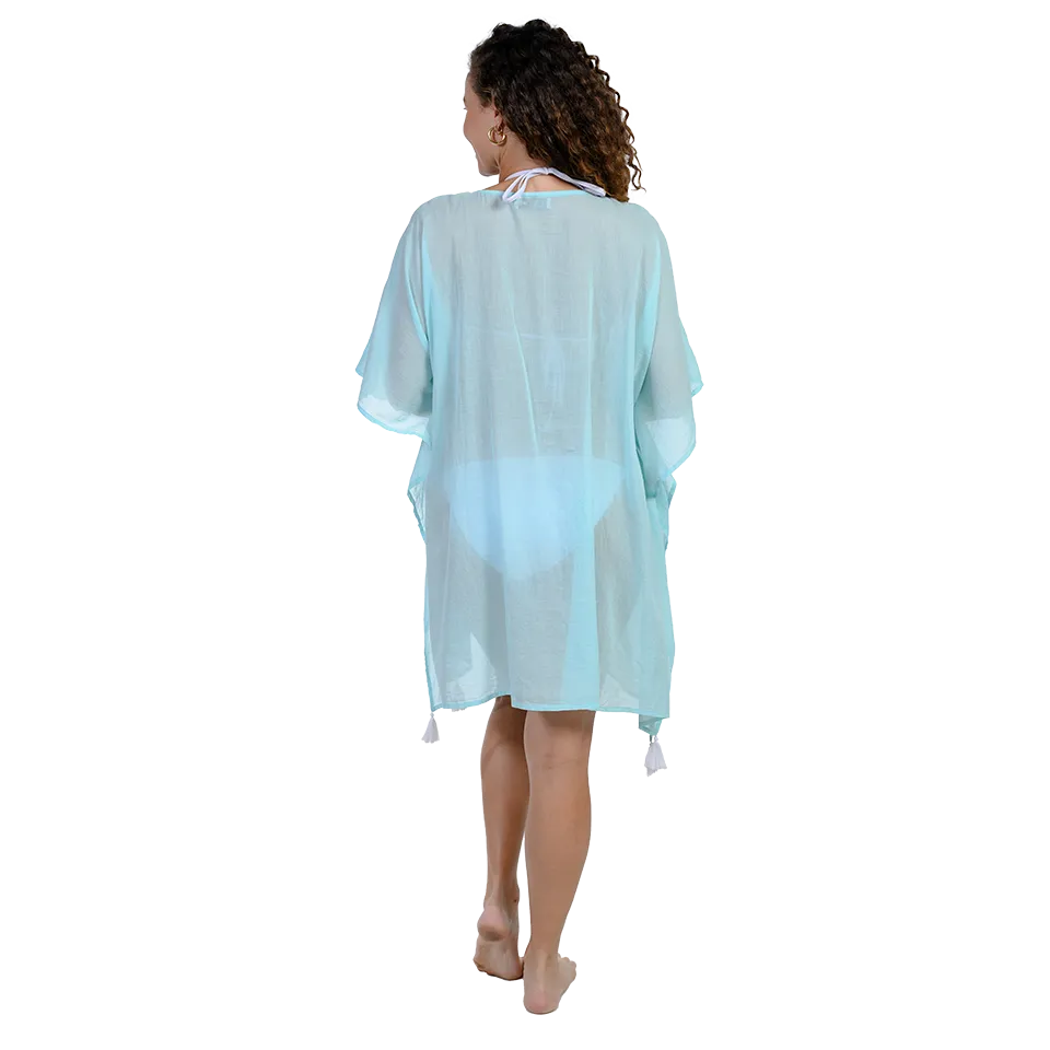 Solid color kaftan with beaded circle details along the front collar